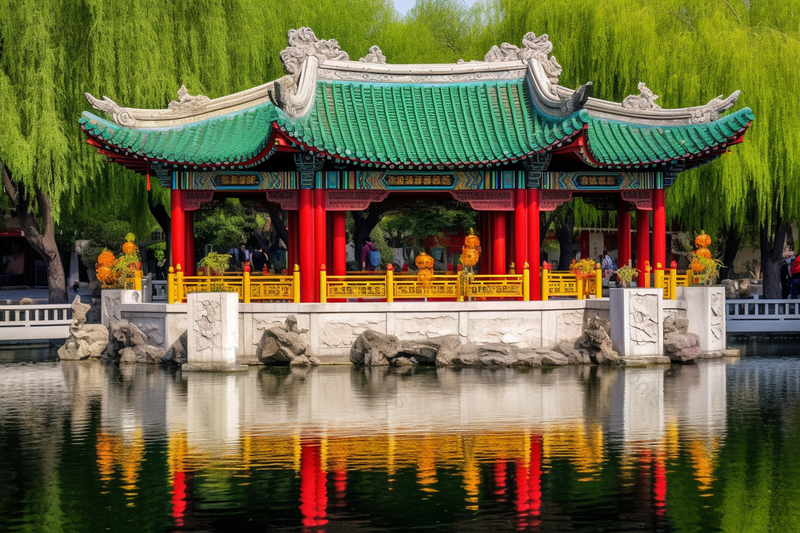 夏日凉爽树荫泉湖边红色柱子绿色亭子景点景区摄影背景,高清,摄影图,摄影图片,图片大全,摄影图免费下载